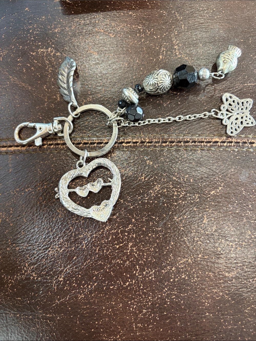 Silver Heart Charm Keychain with Black Beads